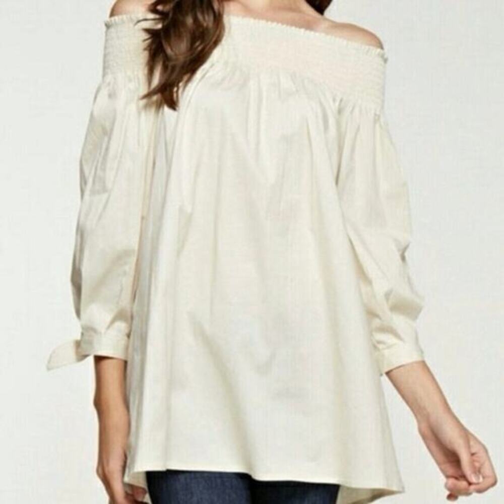 B2V Oatmeal Shoulder Button Tunic‎ balloon sleeves tie at cuff Large